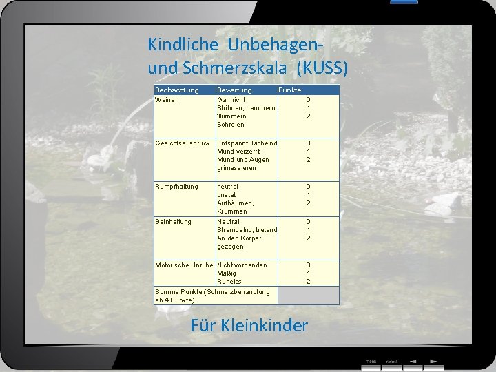 Kindliche Unbehagenund Schmerzskala (KUSS) Beobachtung Weinen Bewertung Punkte Gar nicht 0 Stöhnen, Jammern, 1