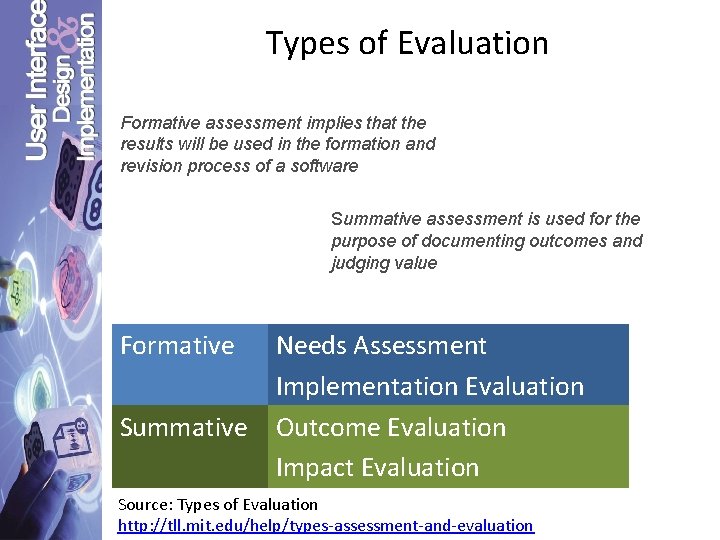 Types of Evaluation Formative assessment implies that the results will be used in the