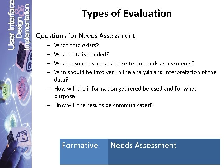 Types of Evaluation Questions for Needs Assessment What data exists? What data is needed?