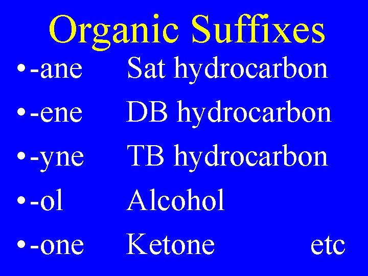 Organic Suffixes • -ane • -ene • -yne • -ol • -one Sat hydrocarbon