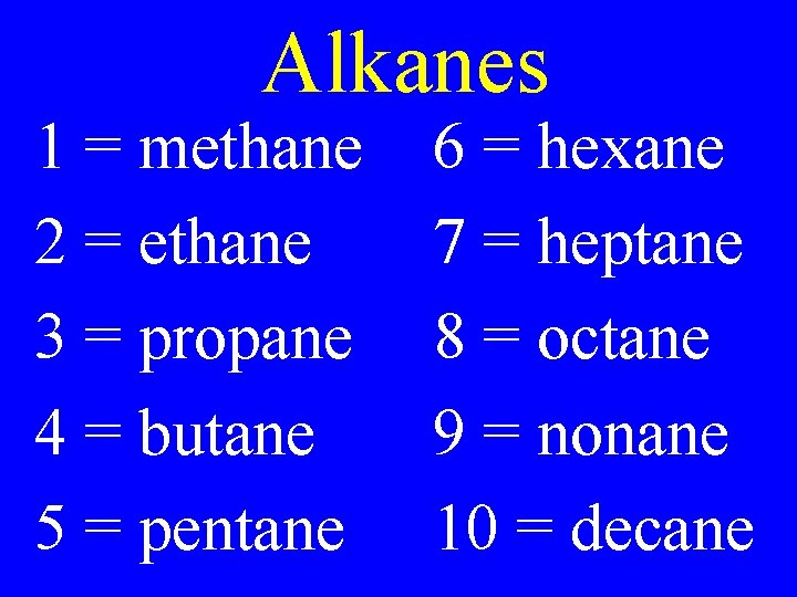 Alkanes 1 = methane 2 = ethane 3 = propane 4 = butane 5