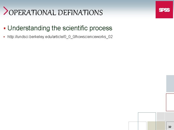 OPERATIONAL DEFINATIONS § Understanding the scientific process § http: //undsci. berkeley. edu/article/0_0_0/howscienceworks_02 32 