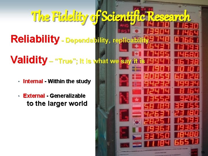 The Fidelity of Scientific Research Reliability - Dependability, replicability Validity – “True”; It is