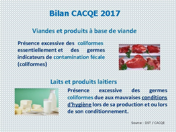 Bilan CACQE 2017 Viandes et produits à base de viande Présence excessive des coliformes