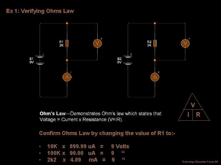 Ex 1: Verifying Ohms Law V I R Confirm Ohms Law by changing the