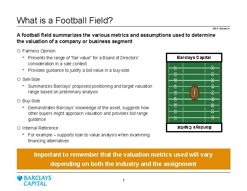 What is a Football Field? M&A Valuation A football field summarizes the various metrics
