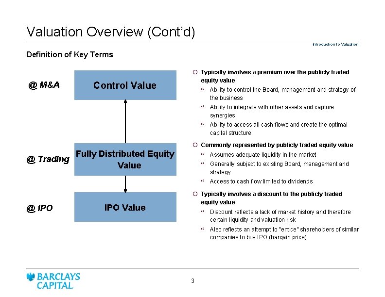 Valuation Overview (Cont’d) Introduction to Valuation Definition of Key Terms @ M&A Control Value