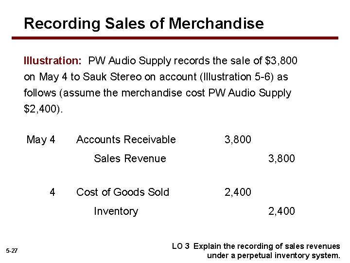 Recording Sales of Merchandise Illustration: PW Audio Supply records the sale of $3, 800