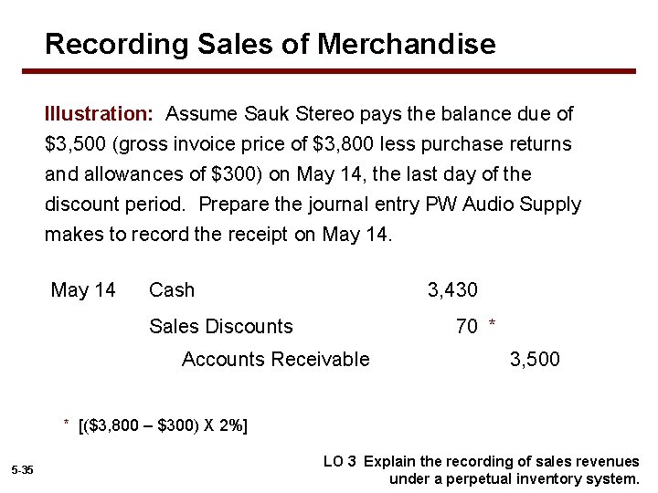 Recording Sales of Merchandise Illustration: Assume Sauk Stereo pays the balance due of $3,