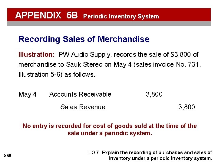 APPENDIX 5 B Periodic Inventory System Recording Sales of Merchandise Illustration: PW Audio Supply,