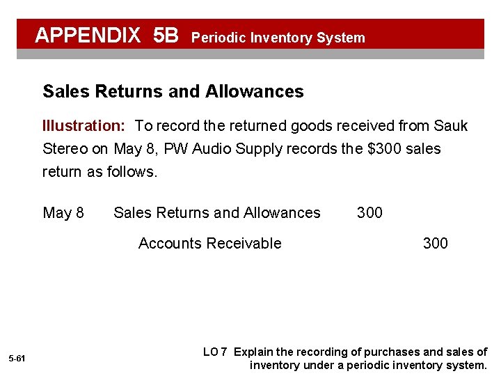 APPENDIX 5 B Periodic Inventory System Sales Returns and Allowances Illustration: To record the