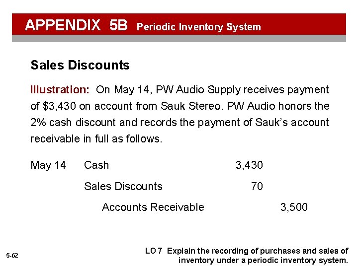 APPENDIX 5 B Periodic Inventory System Sales Discounts Illustration: On May 14, PW Audio