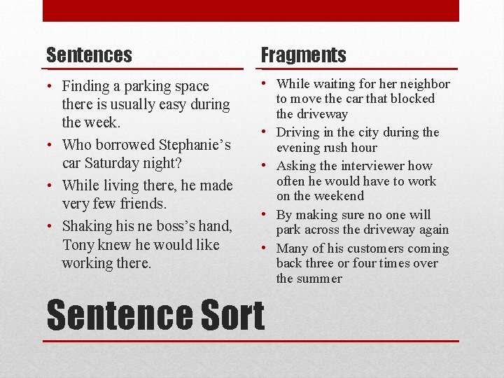 Sentences Fragments • Finding a parking space there is usually easy during the week.