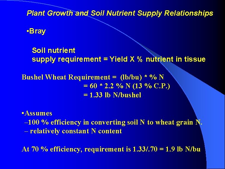 Plant Growth and Soil Nutrient Supply Relationships • Bray Soil nutrient supply requirement =