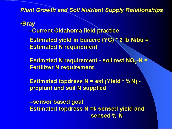 Plant Growth and Soil Nutrient Supply Relationships • Bray –Current Oklahoma field practice Estimated
