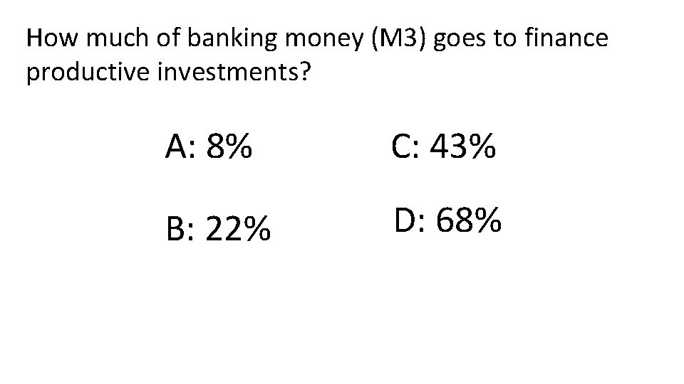 How much of banking money (M 3) goes to finance productive investments? A: 8%