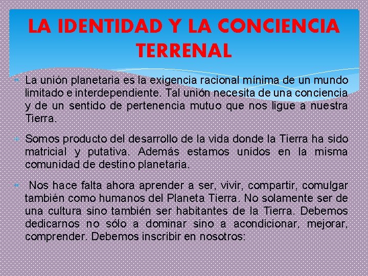 LA IDENTIDAD Y LA CONCIENCIA TERRENAL La unión planetaria es la exigencia racional mínima