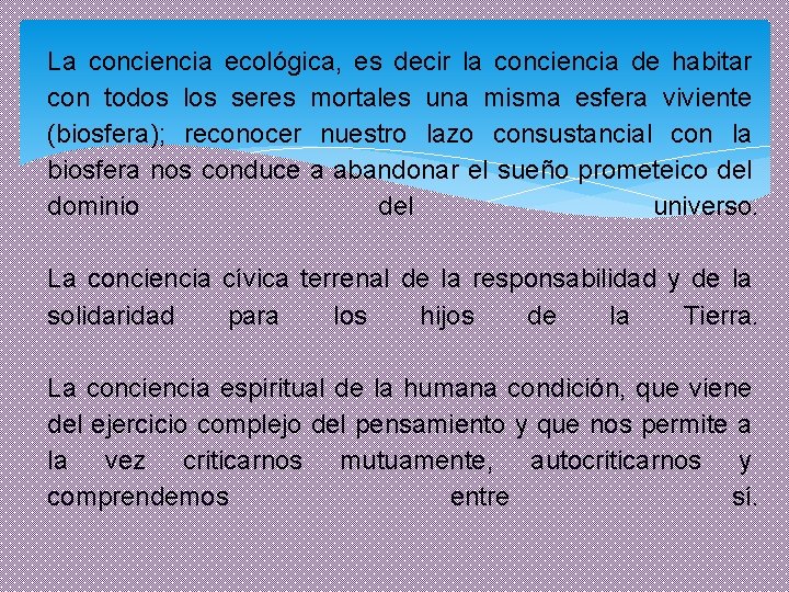 La conciencia ecológica, es decir la conciencia de habitar con todos los seres mortales