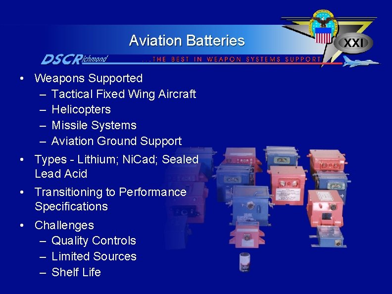 Aviation Batteries • Weapons Supported – Tactical Fixed Wing Aircraft – Helicopters – Missile