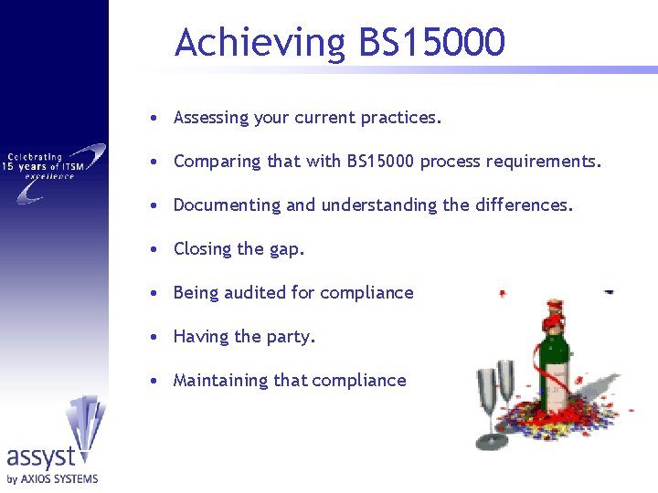Achieving BS 15000 • Assessing your current practices. • Comparing that with BS 15000