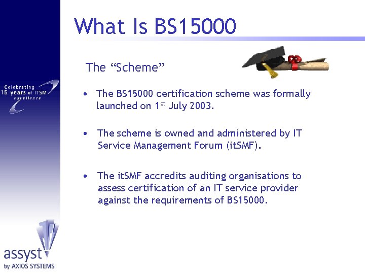 What Is BS 15000 The “Scheme” • The BS 15000 certification scheme was formally
