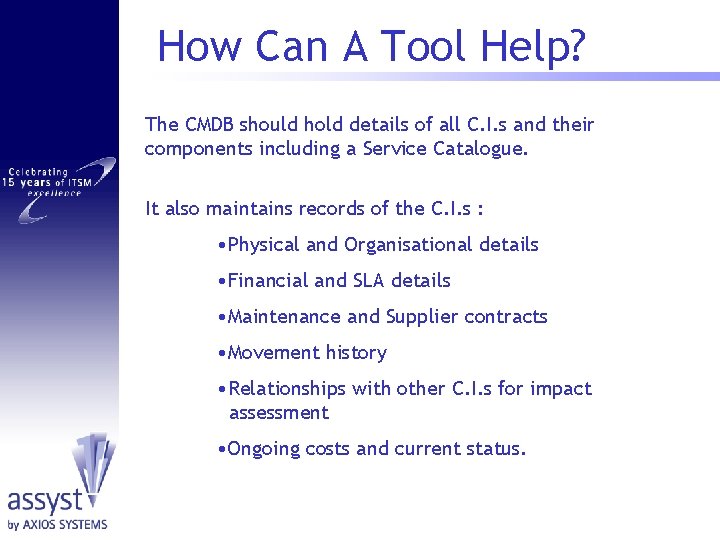 How Can A Tool Help? The CMDB should hold details of all C. I.