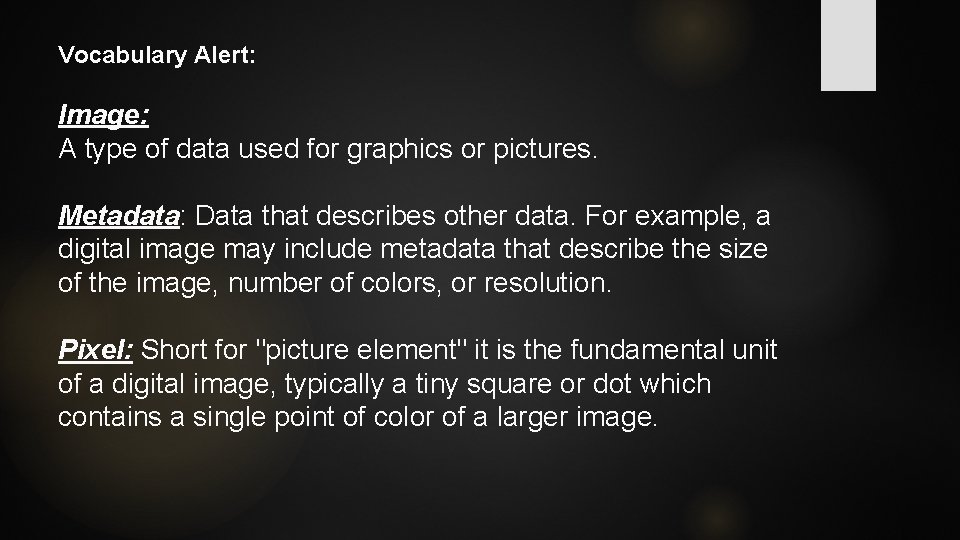 Vocabulary Alert: Image: A type of data used for graphics or pictures. Metadata: Data