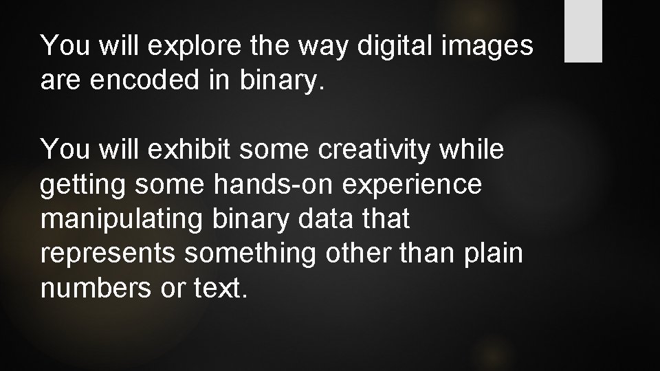 You will explore the way digital images are encoded in binary. You will exhibit