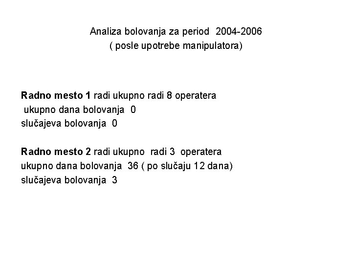 Analiza bolovanja za period 2004 -2006 ( posle upotrebe manipulatora) Radno mesto 1 radi