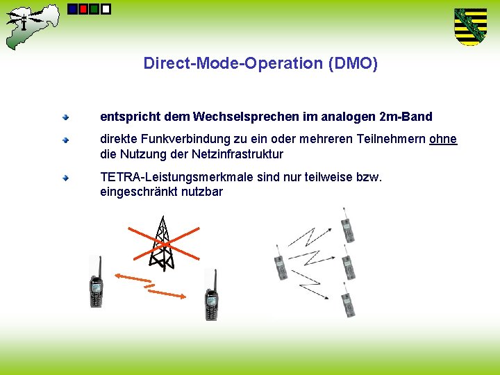 Direct-Mode-Operation (DMO) entspricht dem Wechselsprechen im analogen 2 m-Band direkte Funkverbindung zu ein oder