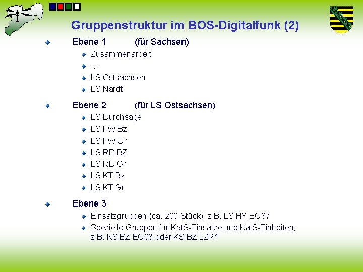 Gruppenstruktur im BOS-Digitalfunk (2) Ebene 1 (für Sachsen) Zusammenarbeit …. LS Ostsachsen LS Nardt