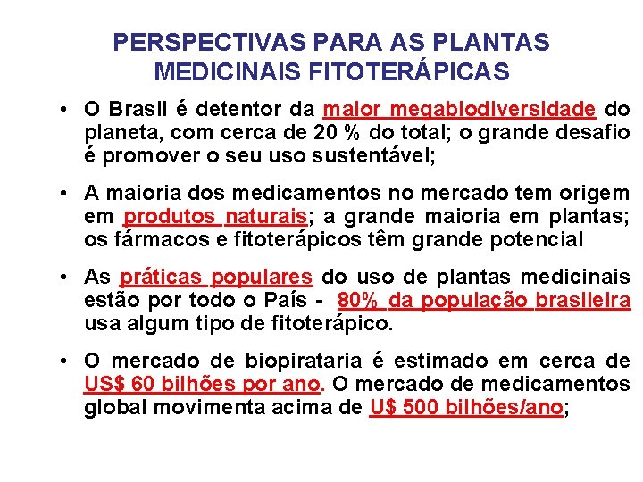 PERSPECTIVAS PARA AS PLANTAS MEDICINAIS FITOTERÁPICAS • O Brasil é detentor da maior megabiodiversidade