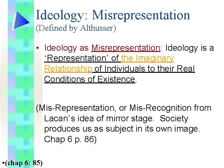 Ideology: Misrepresentation (Defined by Althusser) • Ideology as Misrepresentation: Ideology is a ‘Representation’ of