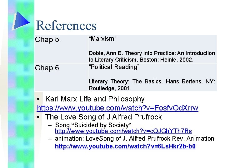References Chap 5. “Marxism” Dobie, Ann B. Theory into Practice: An Introduction to Literary