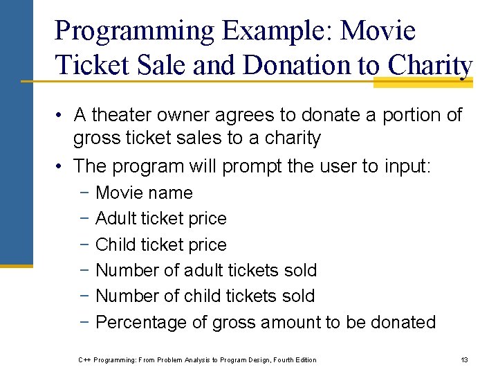 Programming Example: Movie Ticket Sale and Donation to Charity • A theater owner agrees Programming Example: Movie Ticket Sale and Donation to Charity • A theater owner agrees