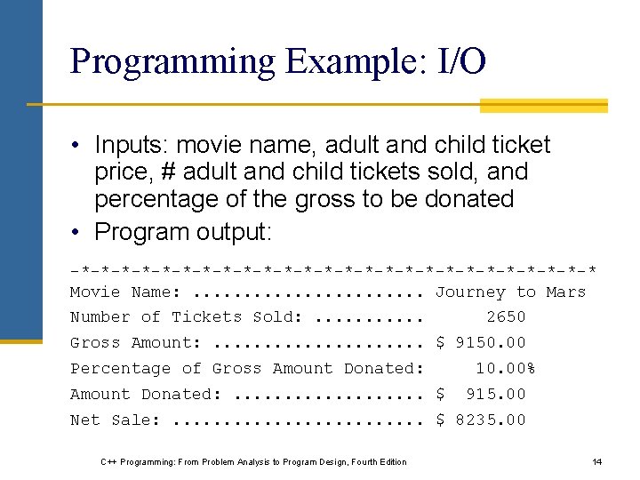 Programming Example: I/O • Inputs: movie name, adult and child ticket price, # adult Programming Example: I/O • Inputs: movie name, adult and child ticket price, # adult