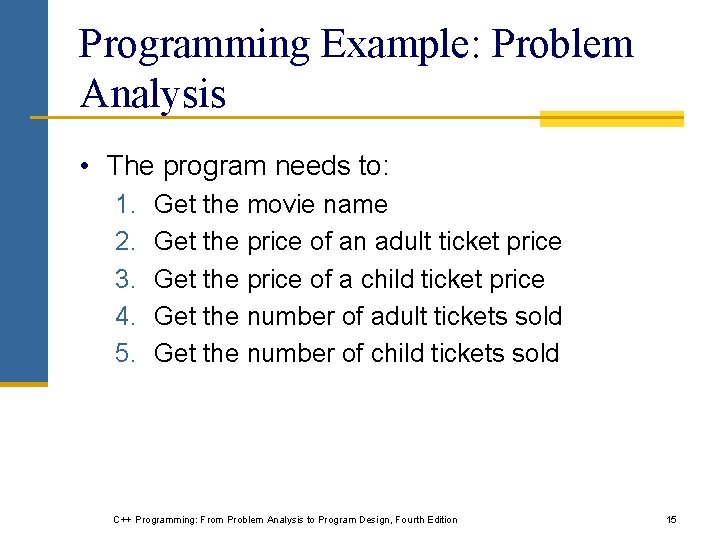 Programming Example: Problem Analysis • The program needs to: 1. 2. 3. 4. 5. Programming Example: Problem Analysis • The program needs to: 1. 2. 3. 4. 5.