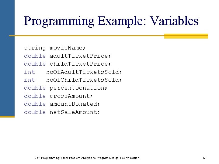Programming Example: Variables string movie. Name; double adult. Ticket. Price; double child. Ticket. Price; Programming Example: Variables string movie. Name; double adult. Ticket. Price; double child. Ticket. Price;