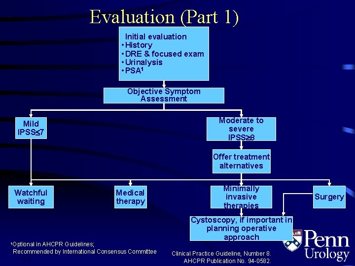 Evaluation (Part 1) Initial evaluation • History • DRE & focused exam • Urinalysis