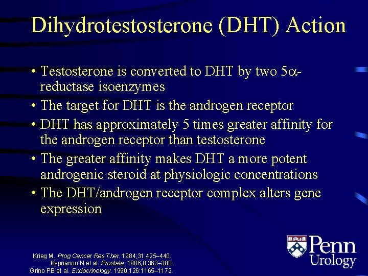 Dihydrotestosterone (DHT) Action • Testosterone is converted to DHT by two 5 reductase isoenzymes