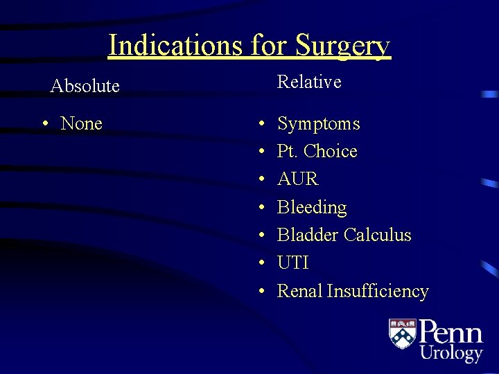 Indications for Surgery Relative Absolute • None • • Symptoms Pt. Choice AUR Bleeding