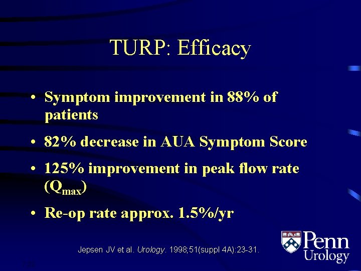 TURP: Efficacy • Symptom improvement in 88% of patients • 82% decrease in AUA