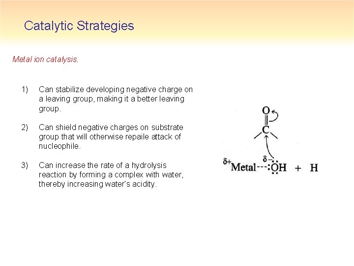 Catalytic Strategies Metal ion catalysis. 1) Can stabilize developing negative charge on a leaving