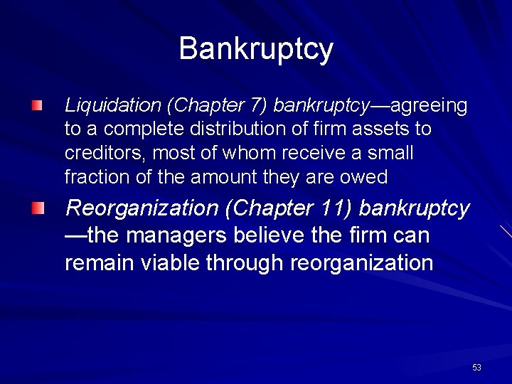 Bankruptcy Liquidation (Chapter 7) bankruptcy—agreeing to a complete distribution of firm assets to creditors,