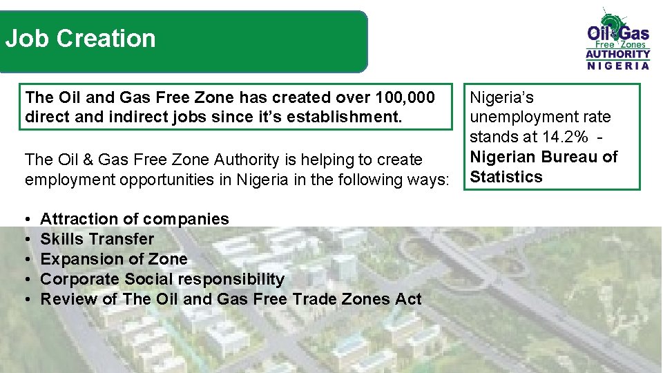 Job Creation The Oil and Gas Free Zone has created over 100, 000 direct