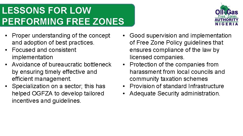 LESSONS FOR LOW PERFORMING FREE ZONES • Proper understanding of the concept and adoption