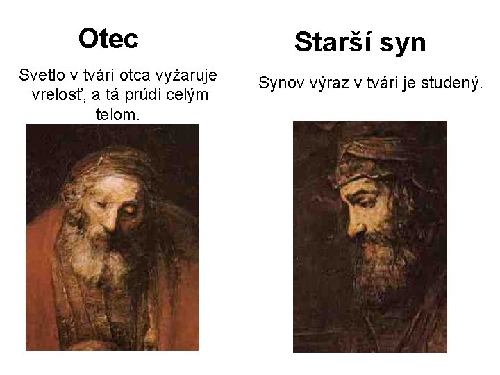 Otec Svetlo v tvári otca vyžaruje vrelosť, a tá prúdi celým telom. Starší syn