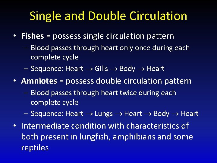 Single and Double Circulation • Fishes = possess single circulation pattern – Blood passes