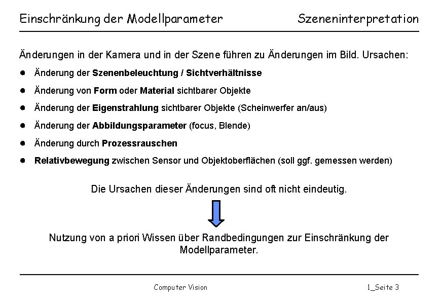 Einschränkung der Modellparameter Szeneninterpretation Änderungen in der Kamera und in der Szene führen zu