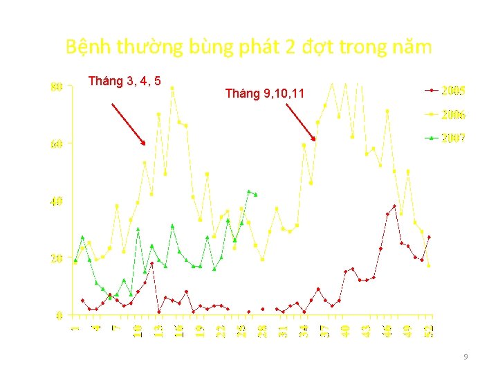 Bệnh thường bùng phát 2 đợt trong năm Tháng 3, 4, 5 Tháng 9,